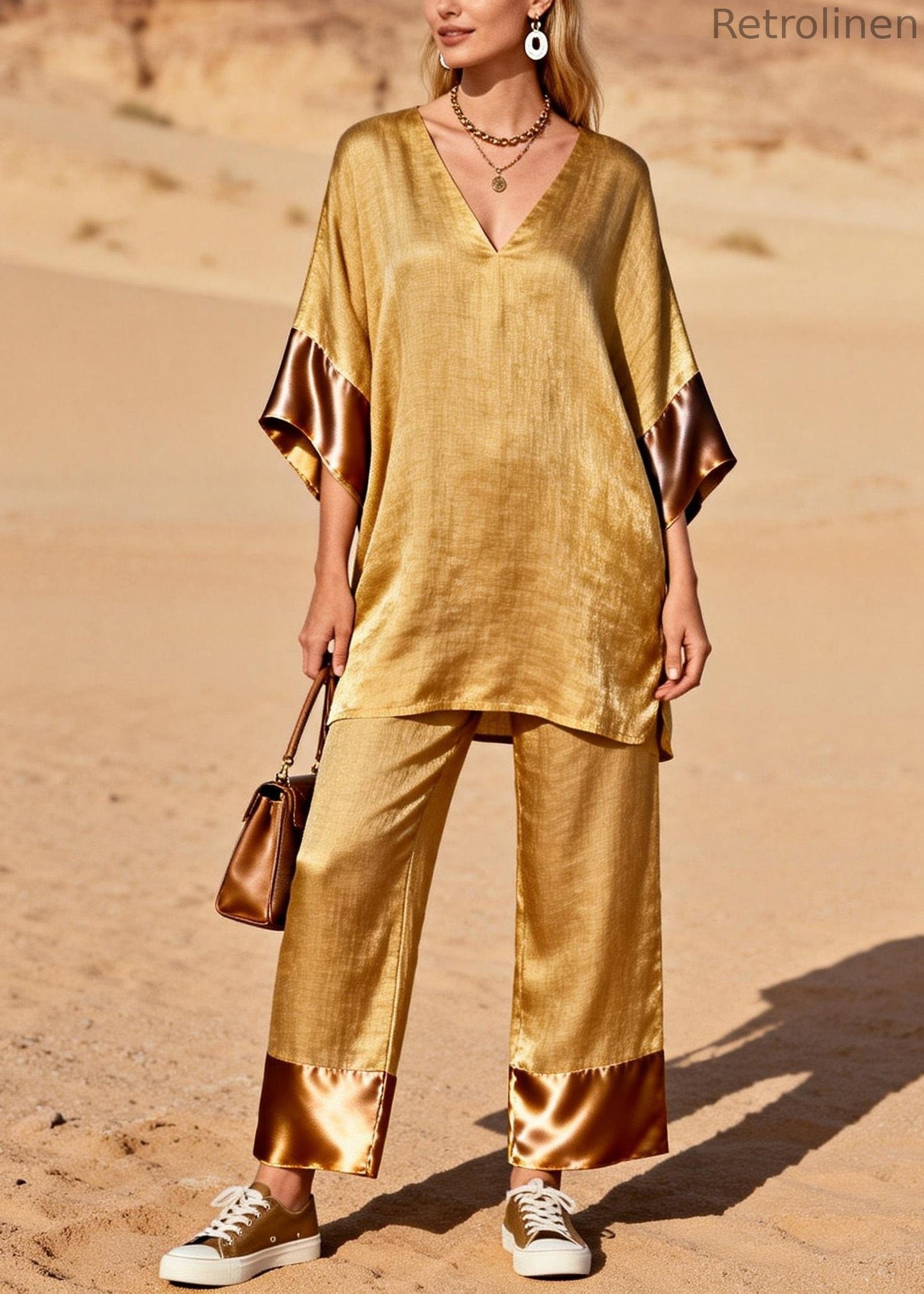 Style Gold V Neck Silk Patchwork Linen 2 Piece Outfit Summer