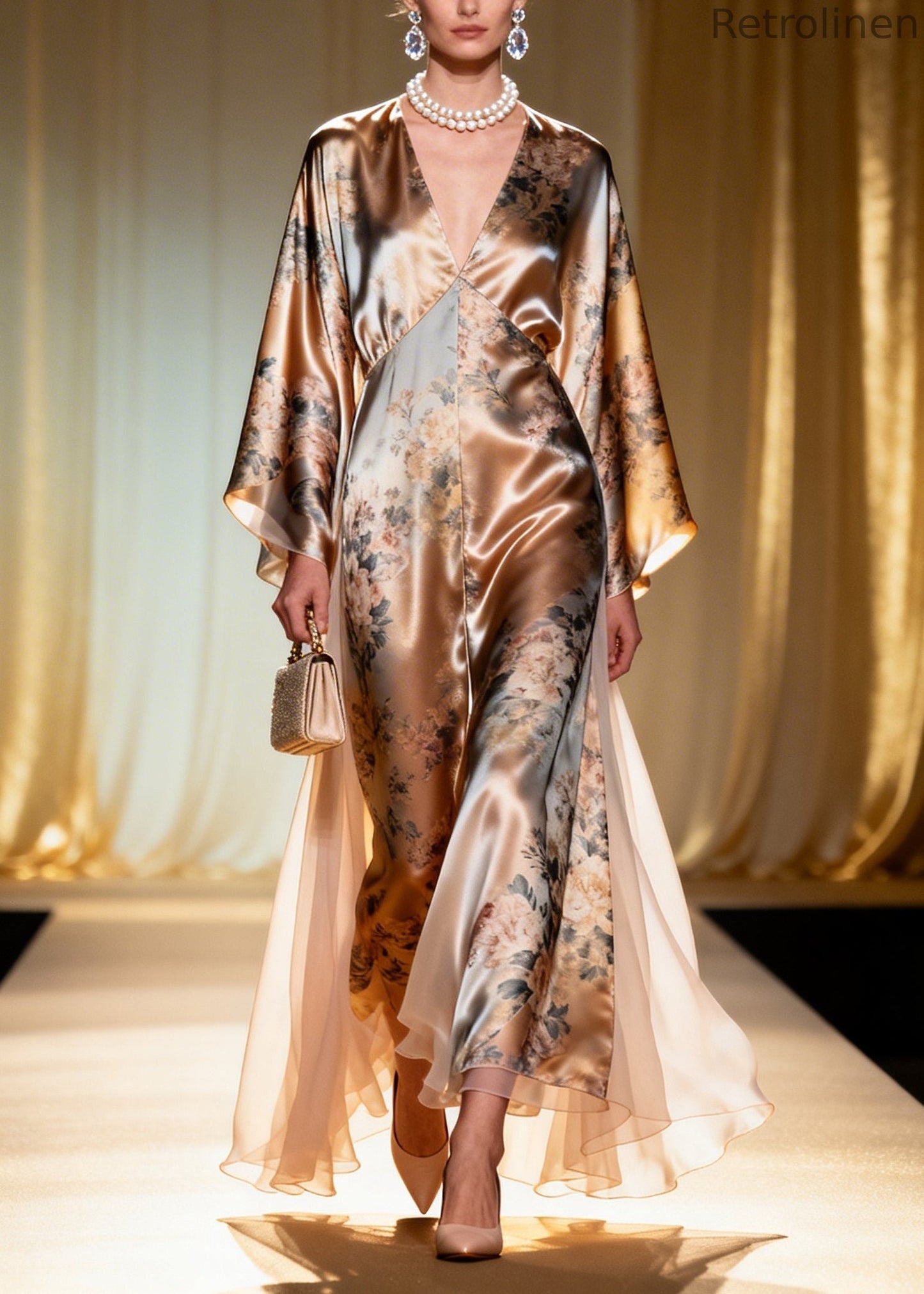 Champagne Print Tulle Patchwork Silk Maxi Dress Summer
