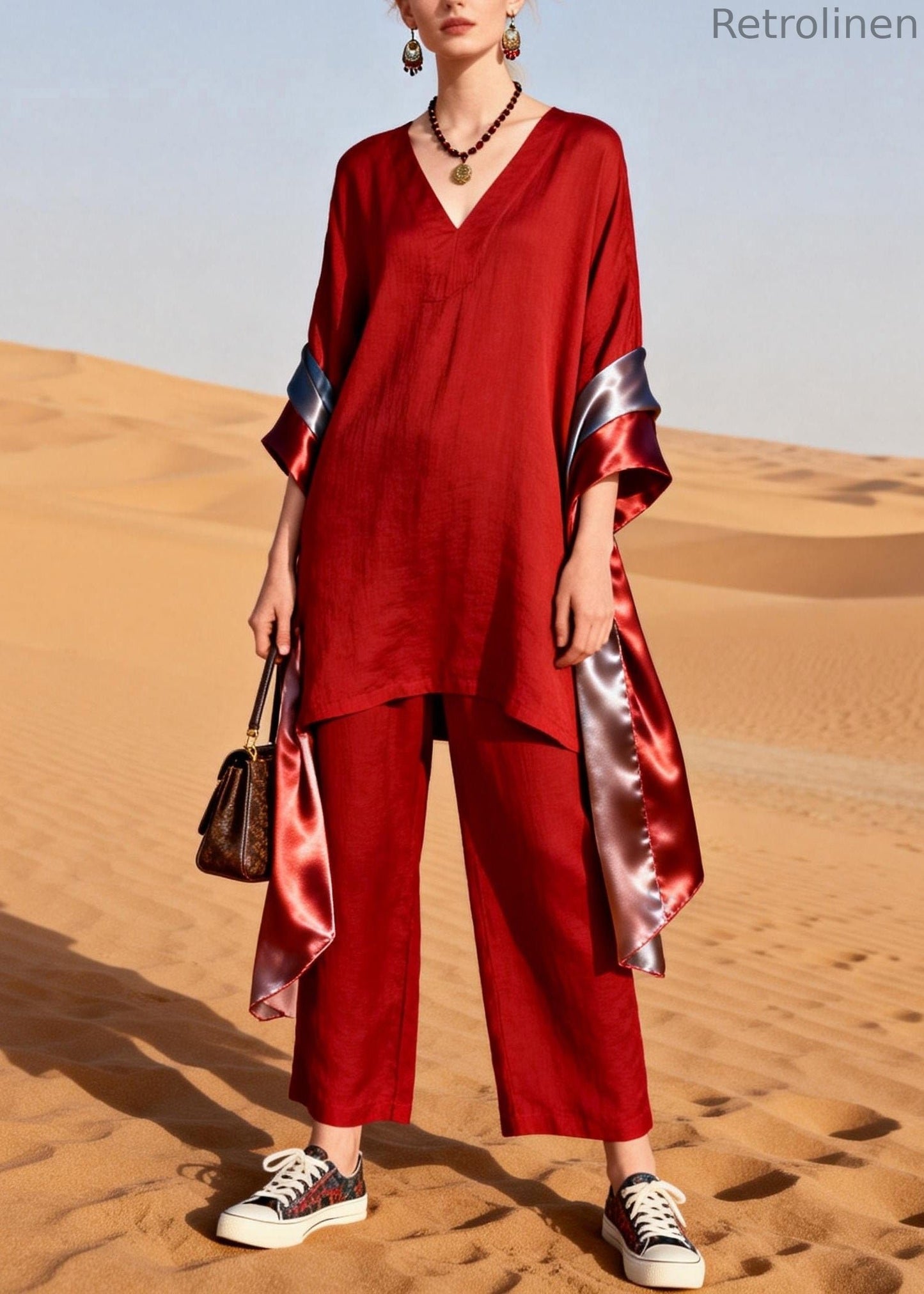 Red V Neck Patchwork Linen Silk Two Pieces Set Summer