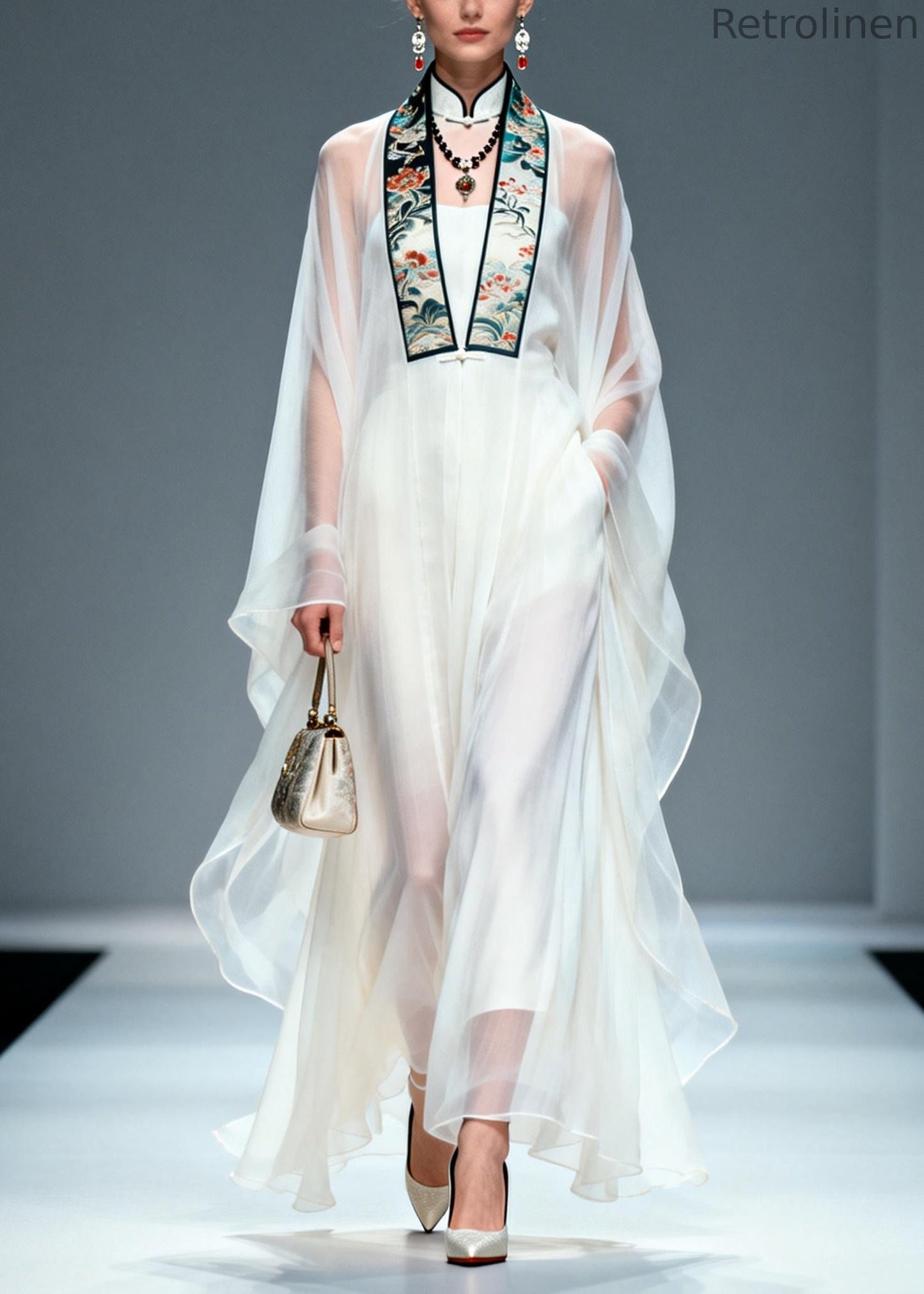 White Mandarin Collar Chiffon Sheer Dress Two Piece Set Summer