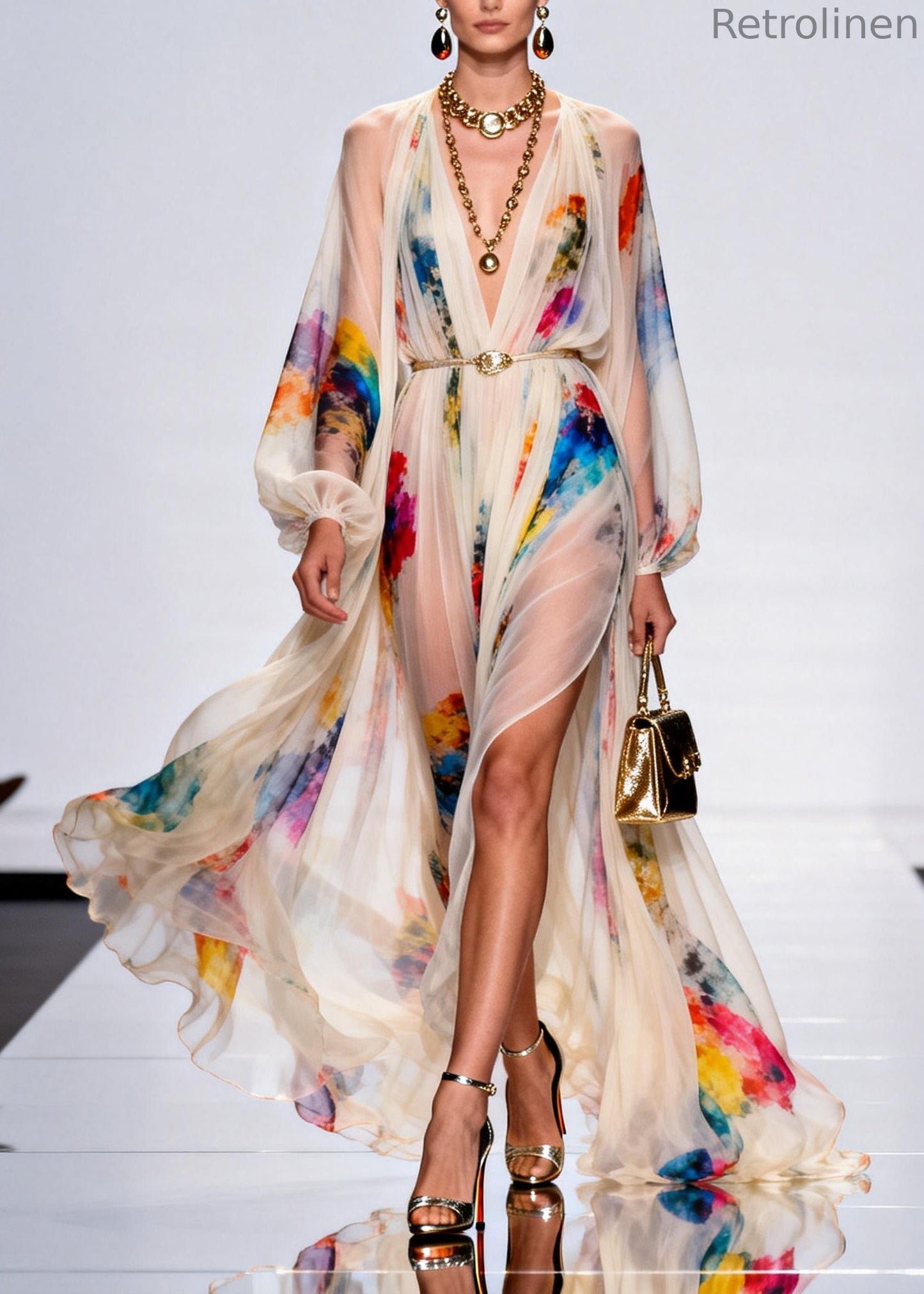 Style V Neck Print Side Open Chiffon Maxi Dress Spring