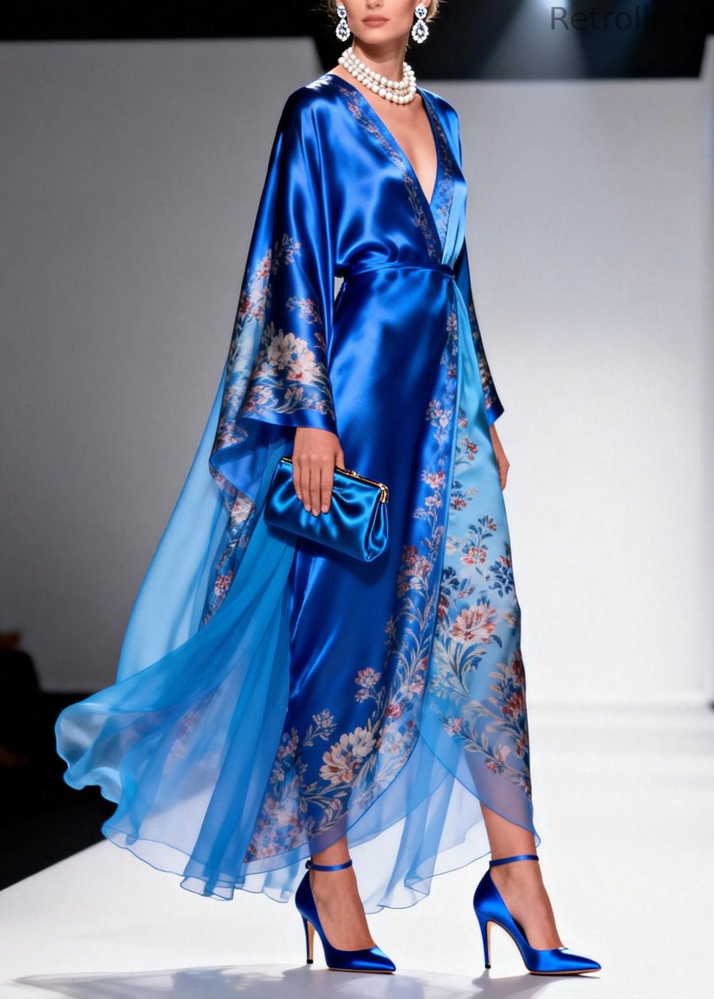 Blue V Neck Print Patchwork Chiffon Dress Spring
