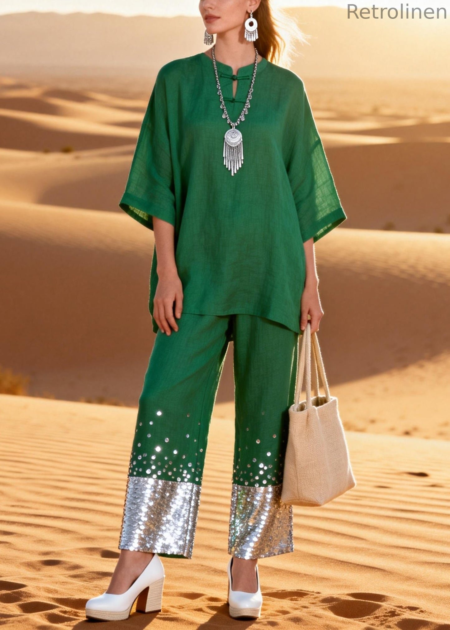 Green Sequins Shirts and Crop Pants Patchwork Linen Two Pieces Set O Neck Half Sleeve
