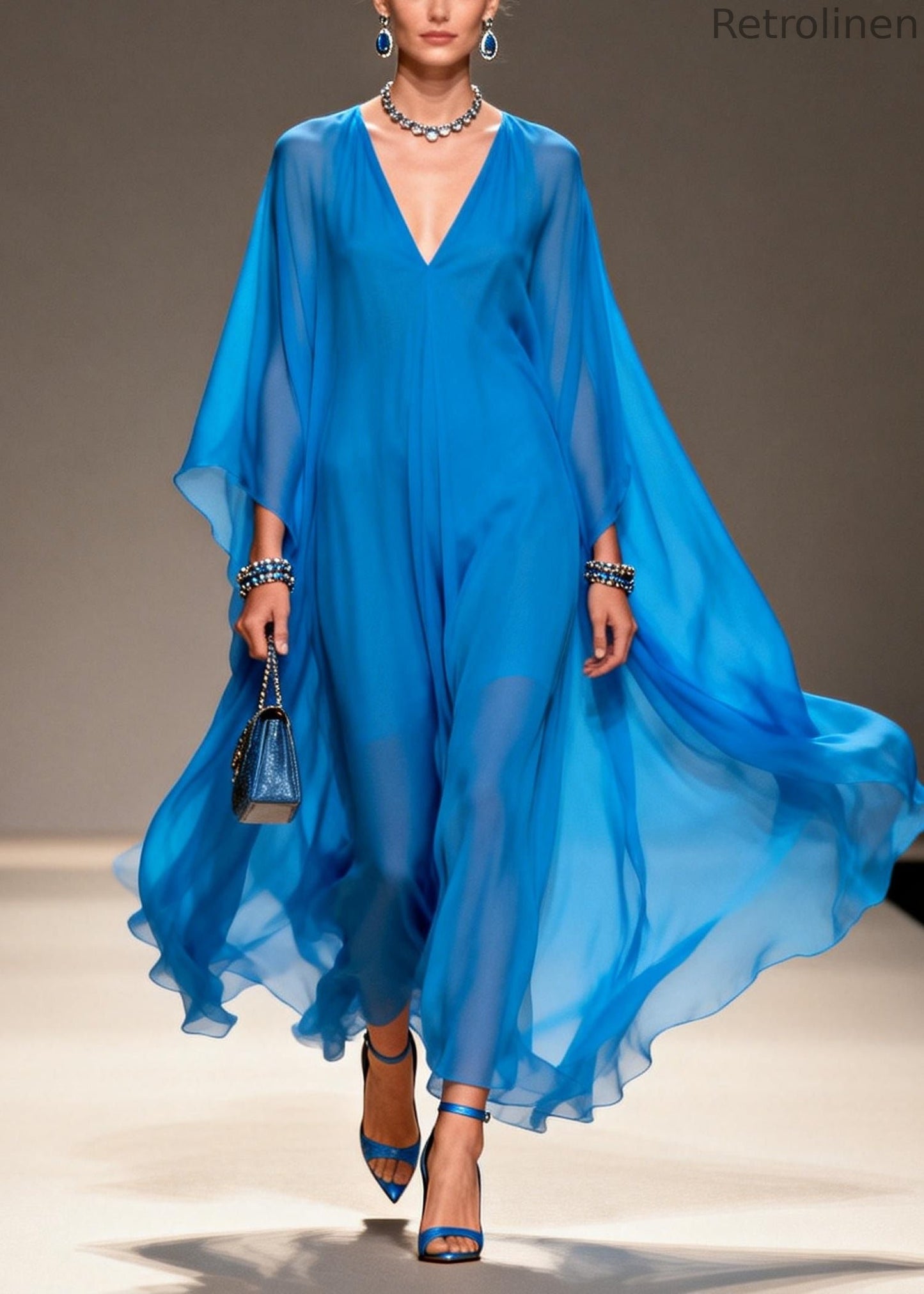 Blue Oversized Draping Chiffon Long Dress Summer