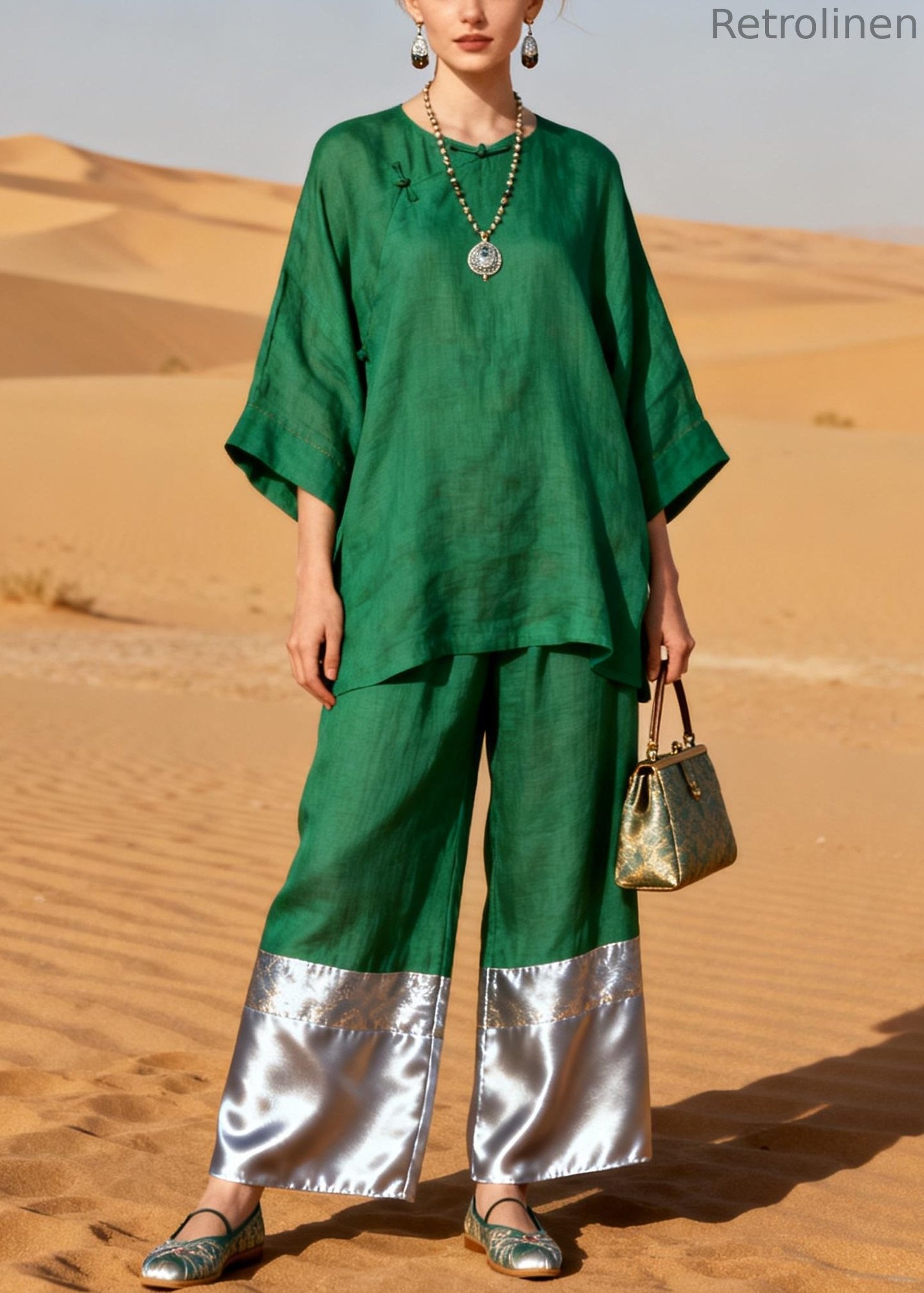 Green Chinese Button Patchwork Linen Two Pieces Set