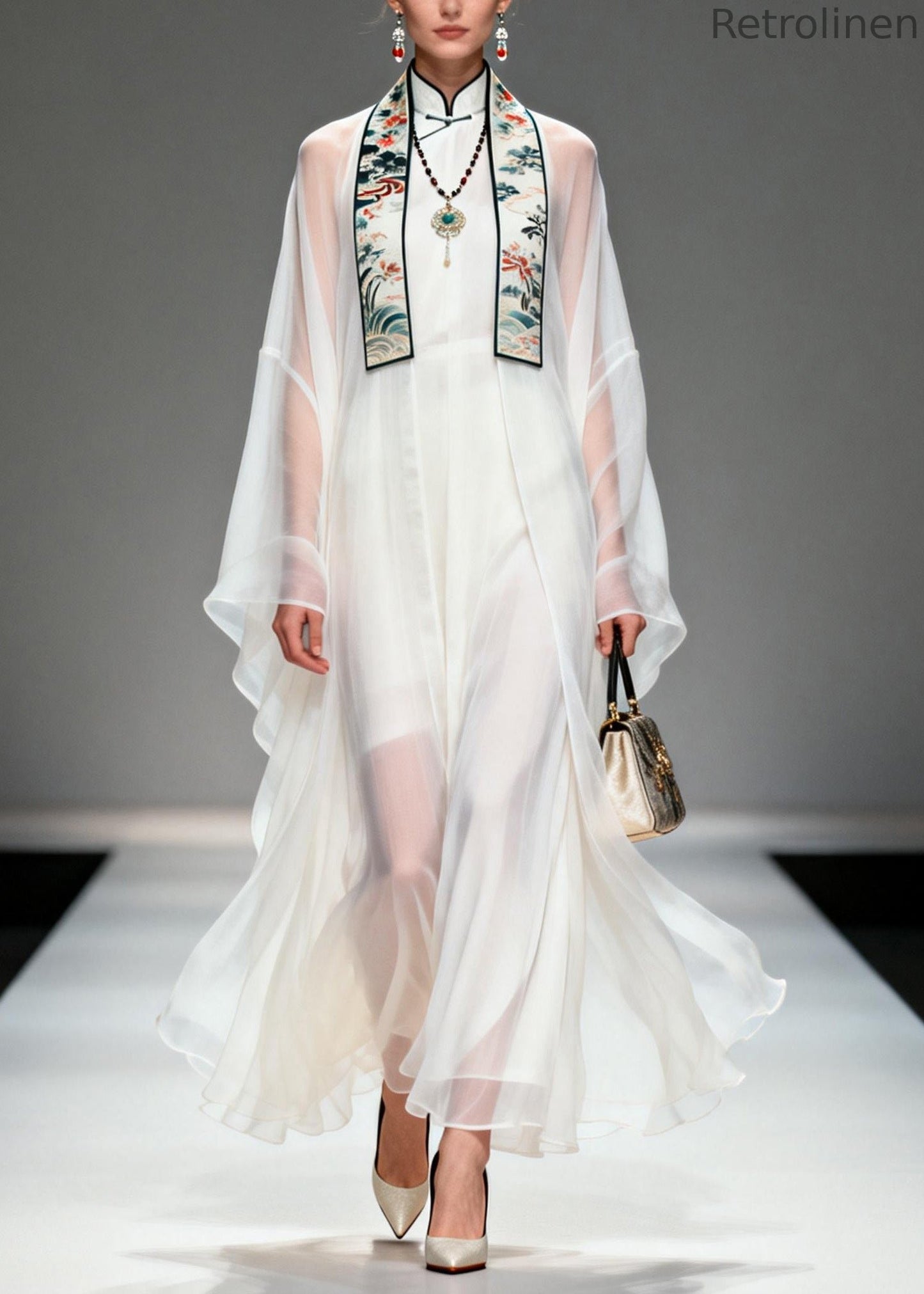 Boutique White Stand Collar Patchwork Chiffon Two Pieces Set Summer