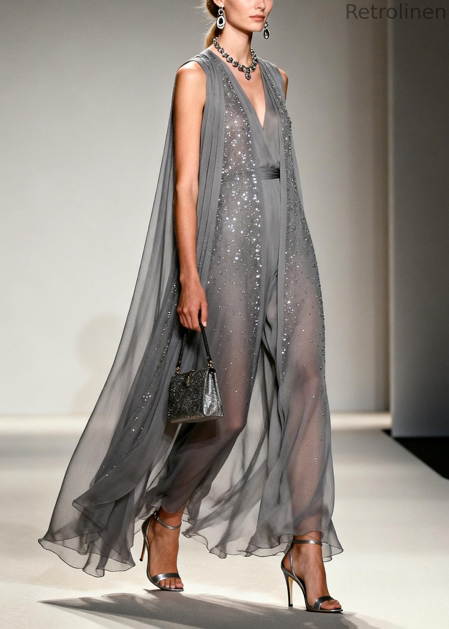Grey Sparkling Zircon Draping Chiffon Dress Two Piece Set Sleeveless