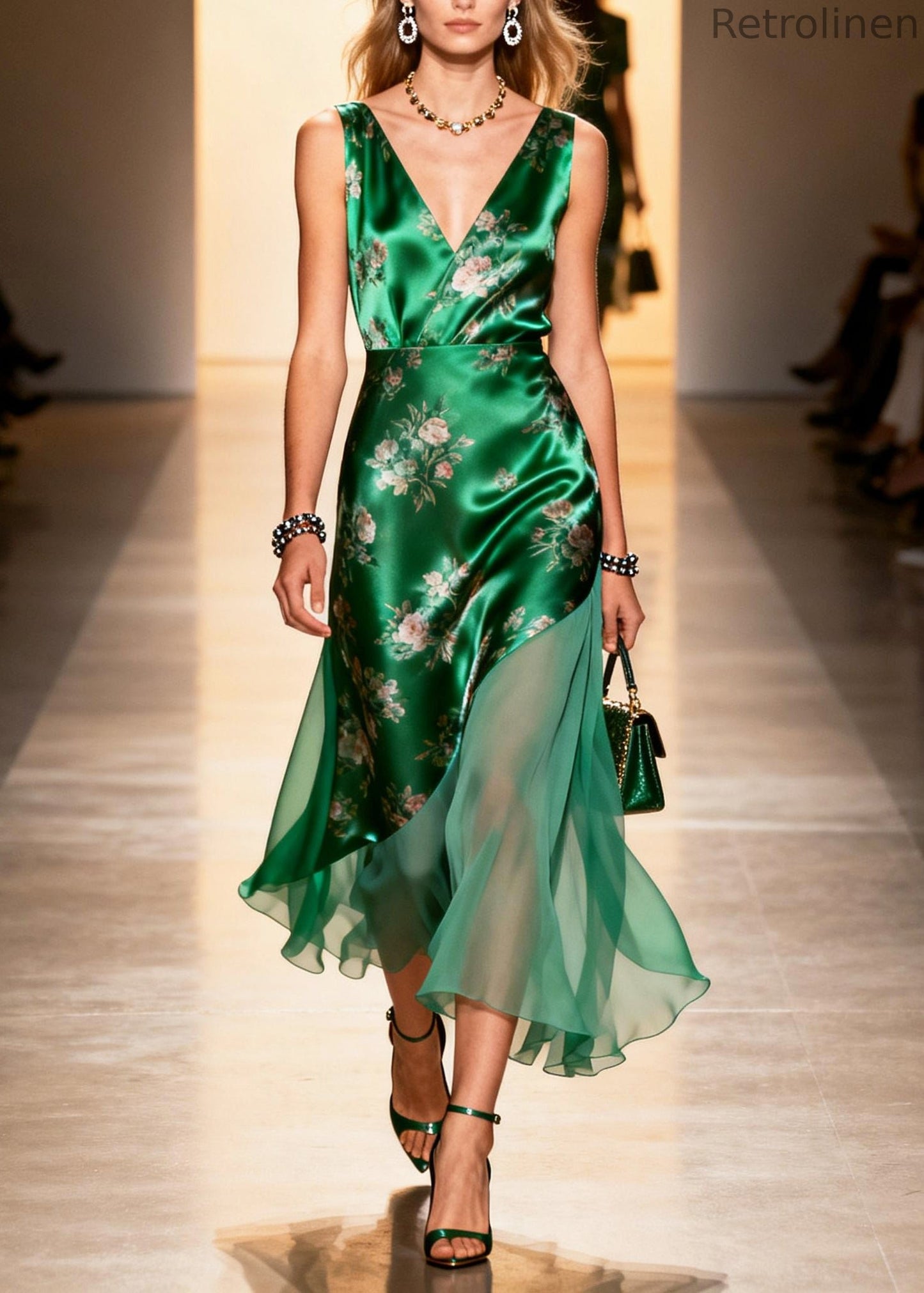 Peacock Green Print Patchwork Silk Cami Dresses Summer