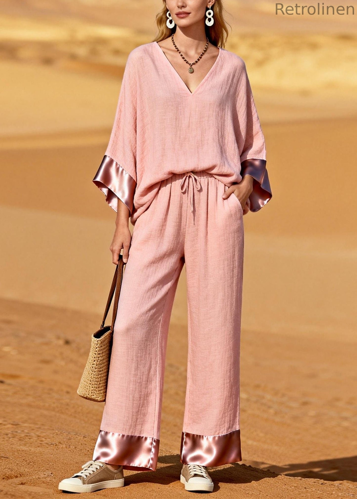 Pink V Neck Patchwork Cotton Two Pieces Set Spring