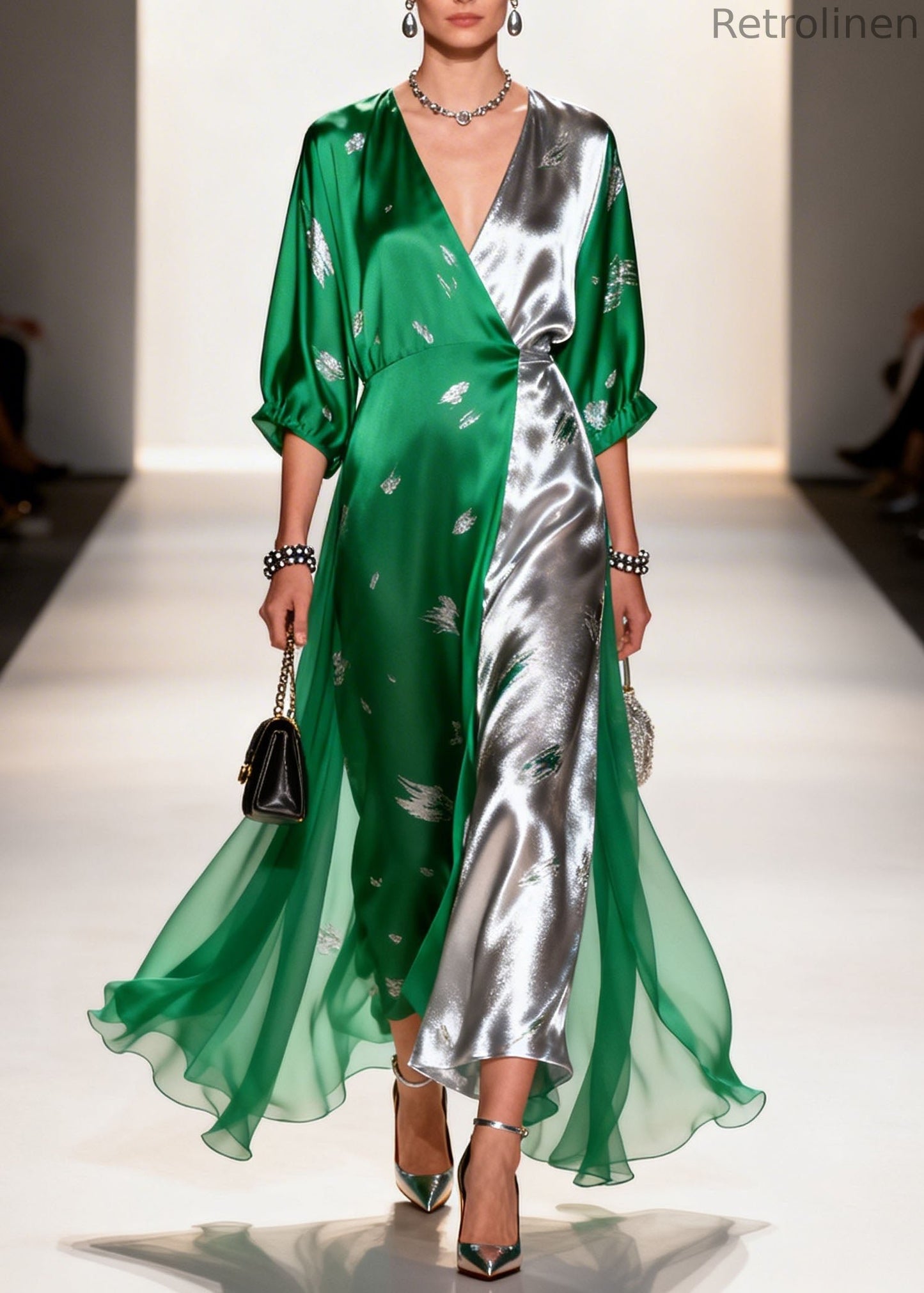 Colorblock V Neck Print Chiffon Long Dresses Summer