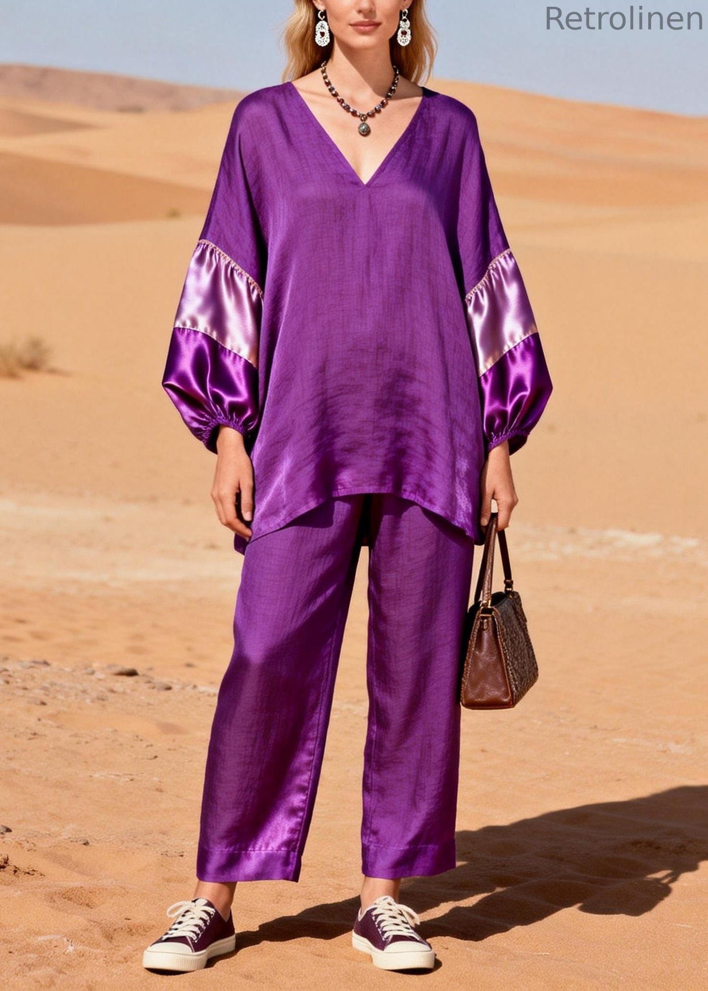 Dark Purple Oversized Patchwork Cotton Two Piece Set Spring