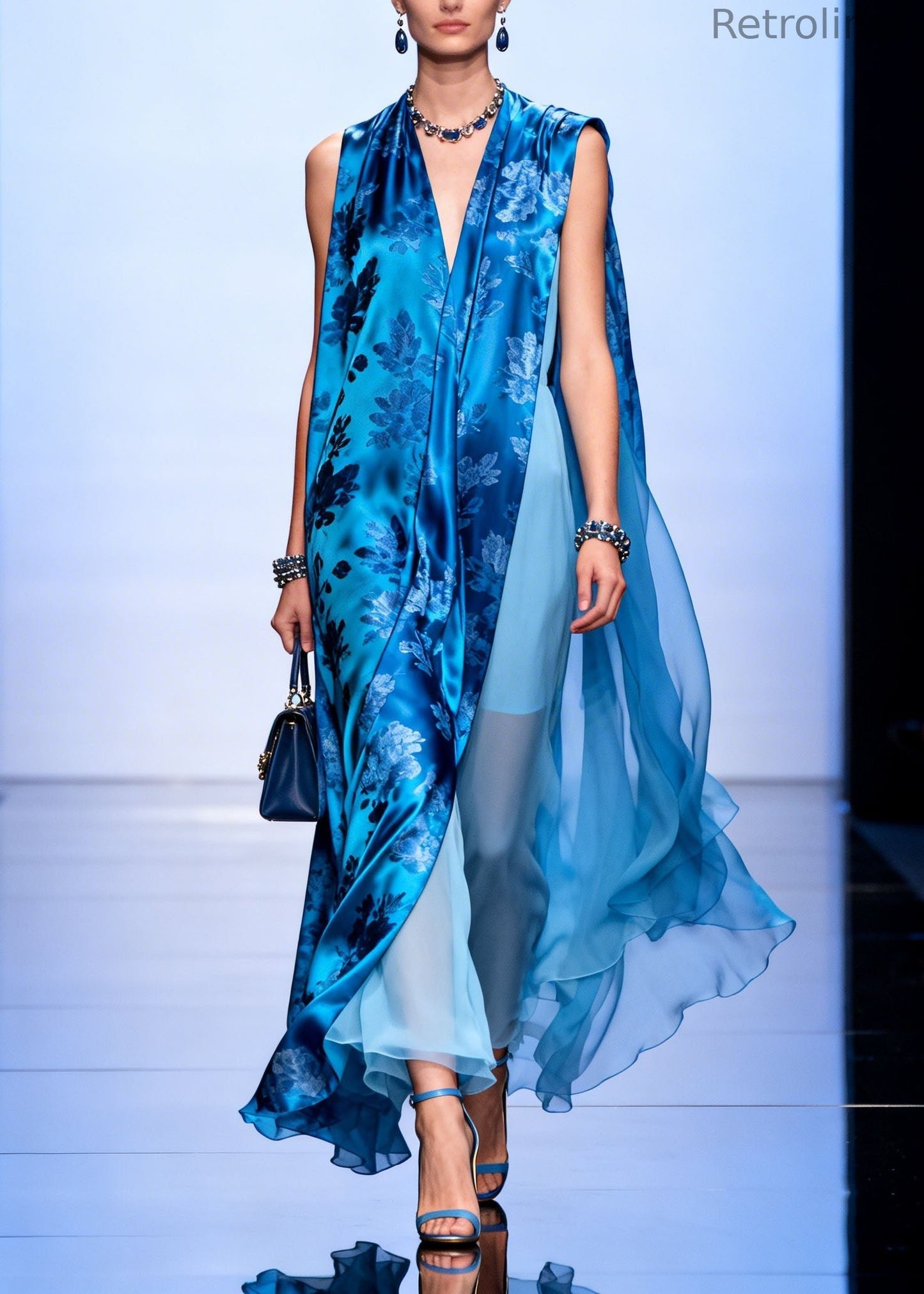 Blue V Neck Asymmetrical Design Print Silk Dresses Sleeveless