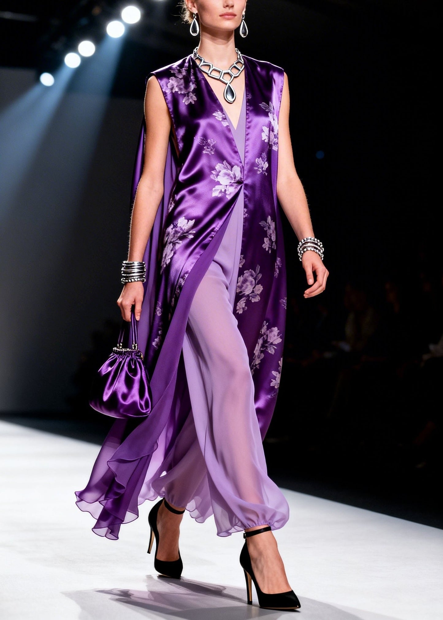 Purple V Neck Print Chiffon Two Piece Suit Set Summer