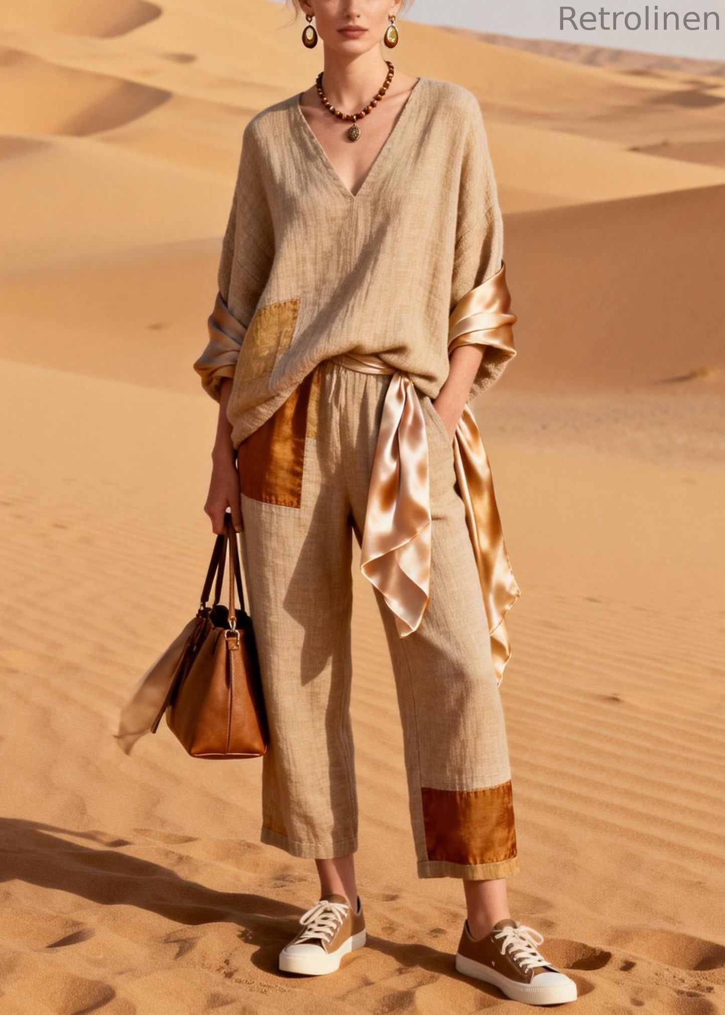 Asymmetrical Silk Patchwork T Shirt and Crop Pants Linen Two Piece Set V Neck Spring