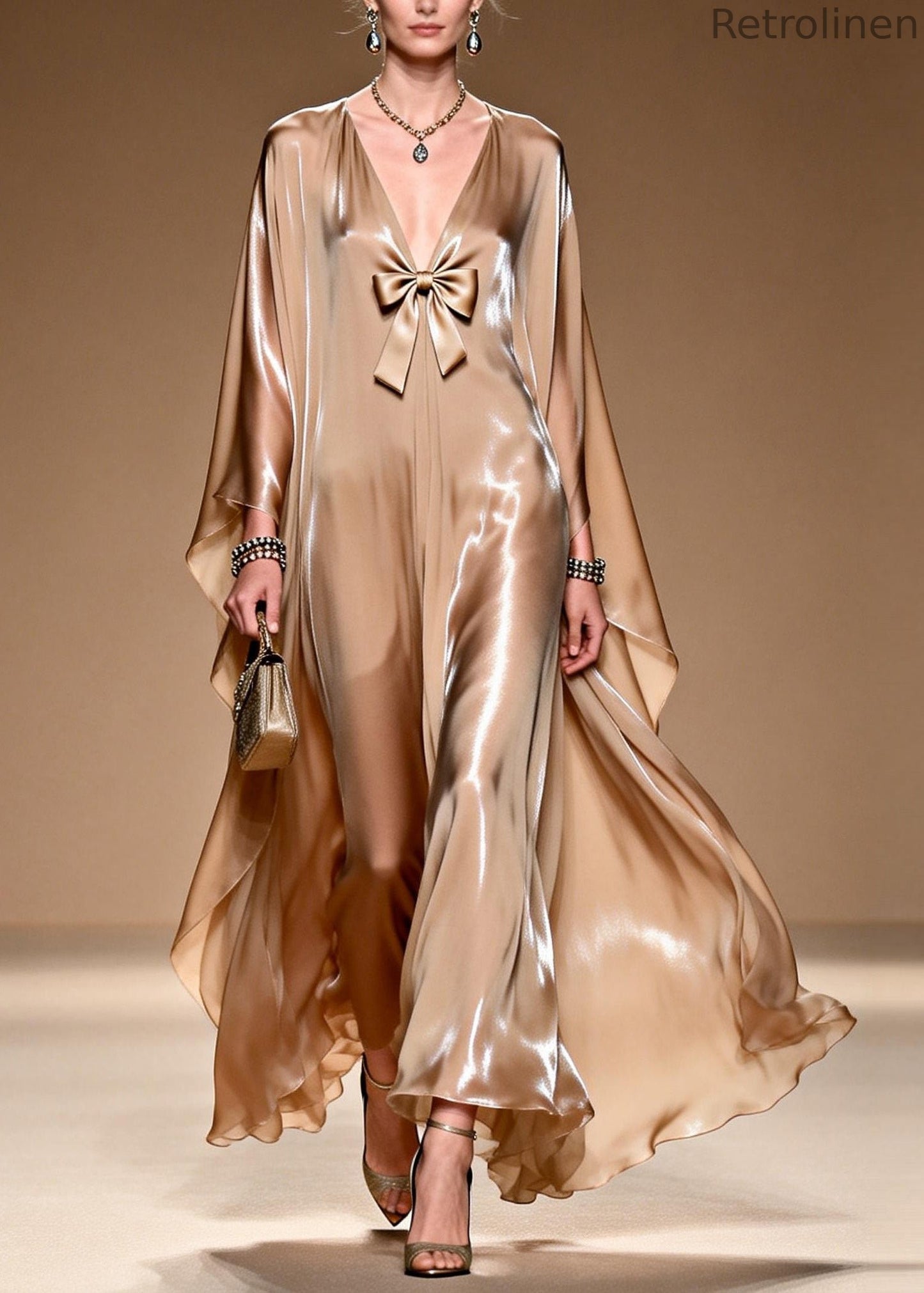 V Neck Bow Patchwork Silk Maxi Dresses Spring