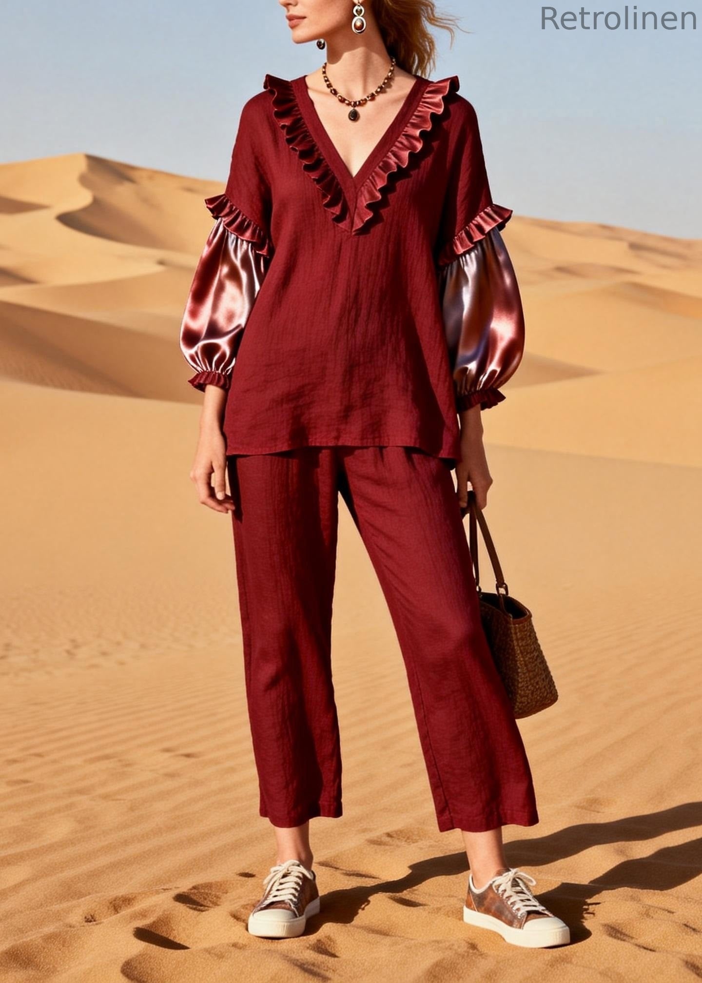Red Ruffled Silk Patchwork Linen Two Pieces Set Spring