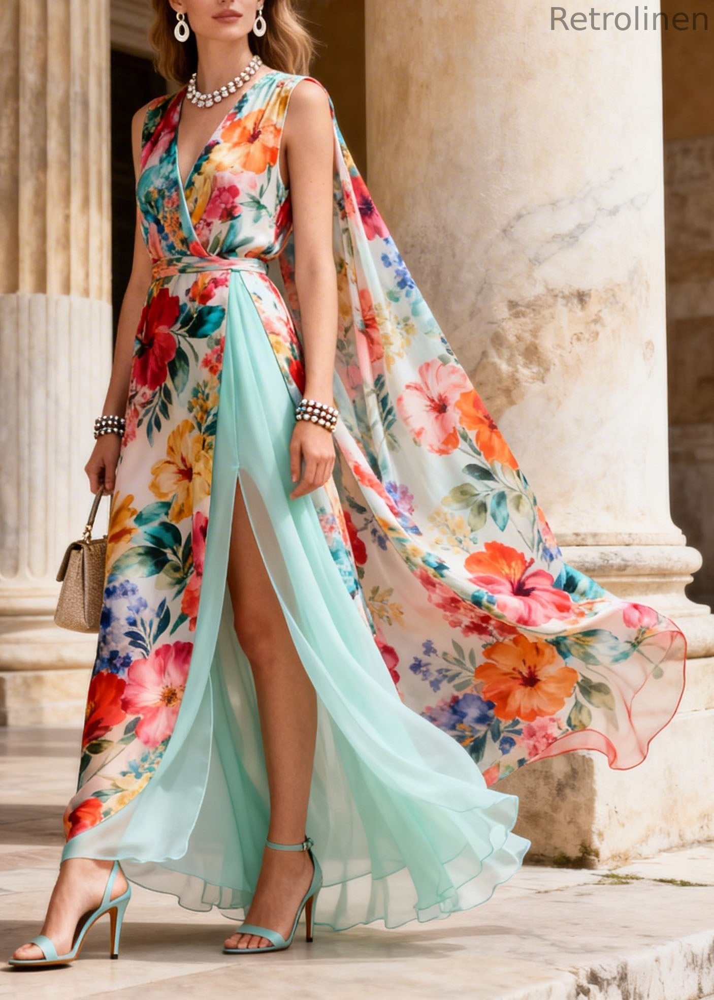 French V Neck Print Side Open Patchwork Chiffon Dresses Summer