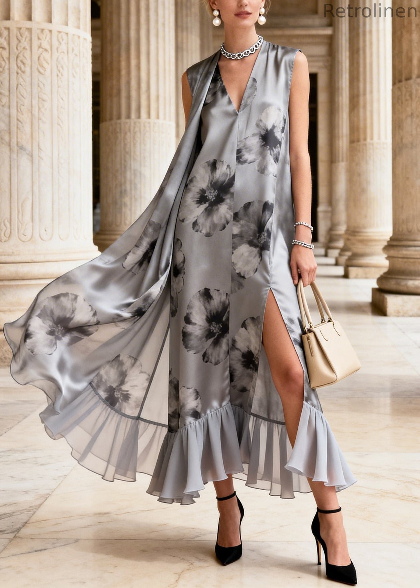 Grey Print Side Open Chiffon Long Dress Summer