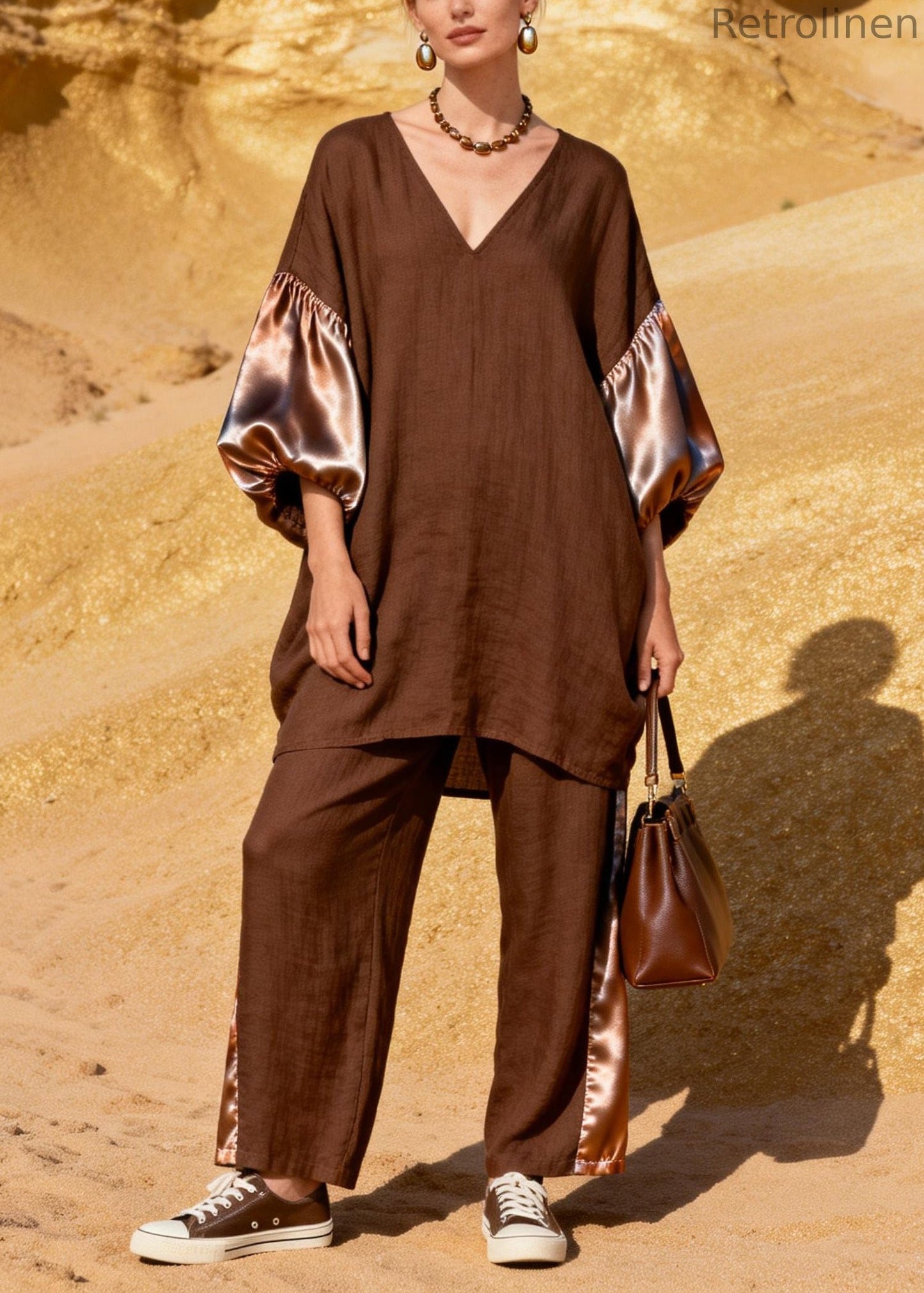 Coffee V Neck Patchwork Linen Silk Two Pieces Set Spring