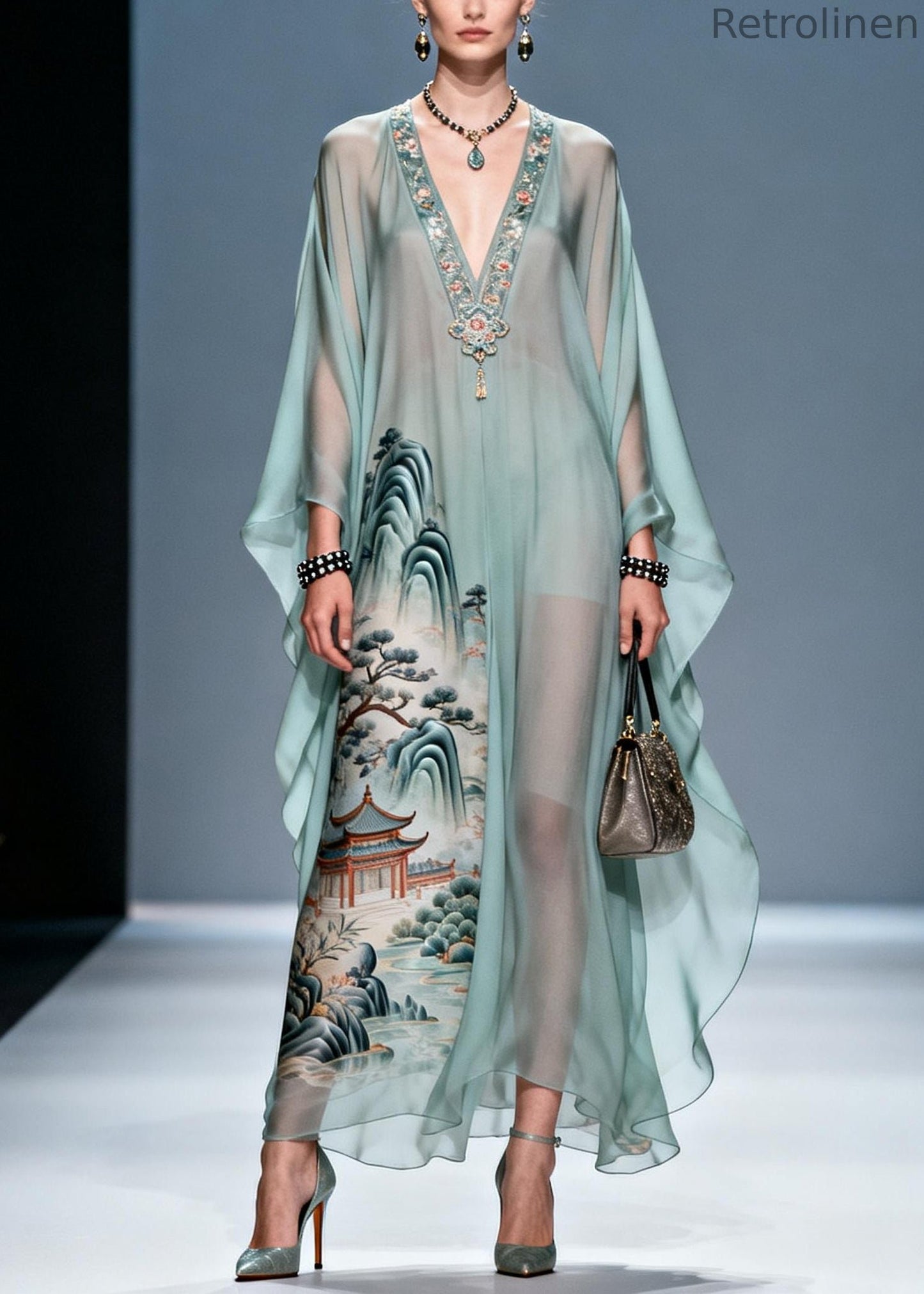 Fine Blue V Neck Print Chiffon Long Dresses Summer