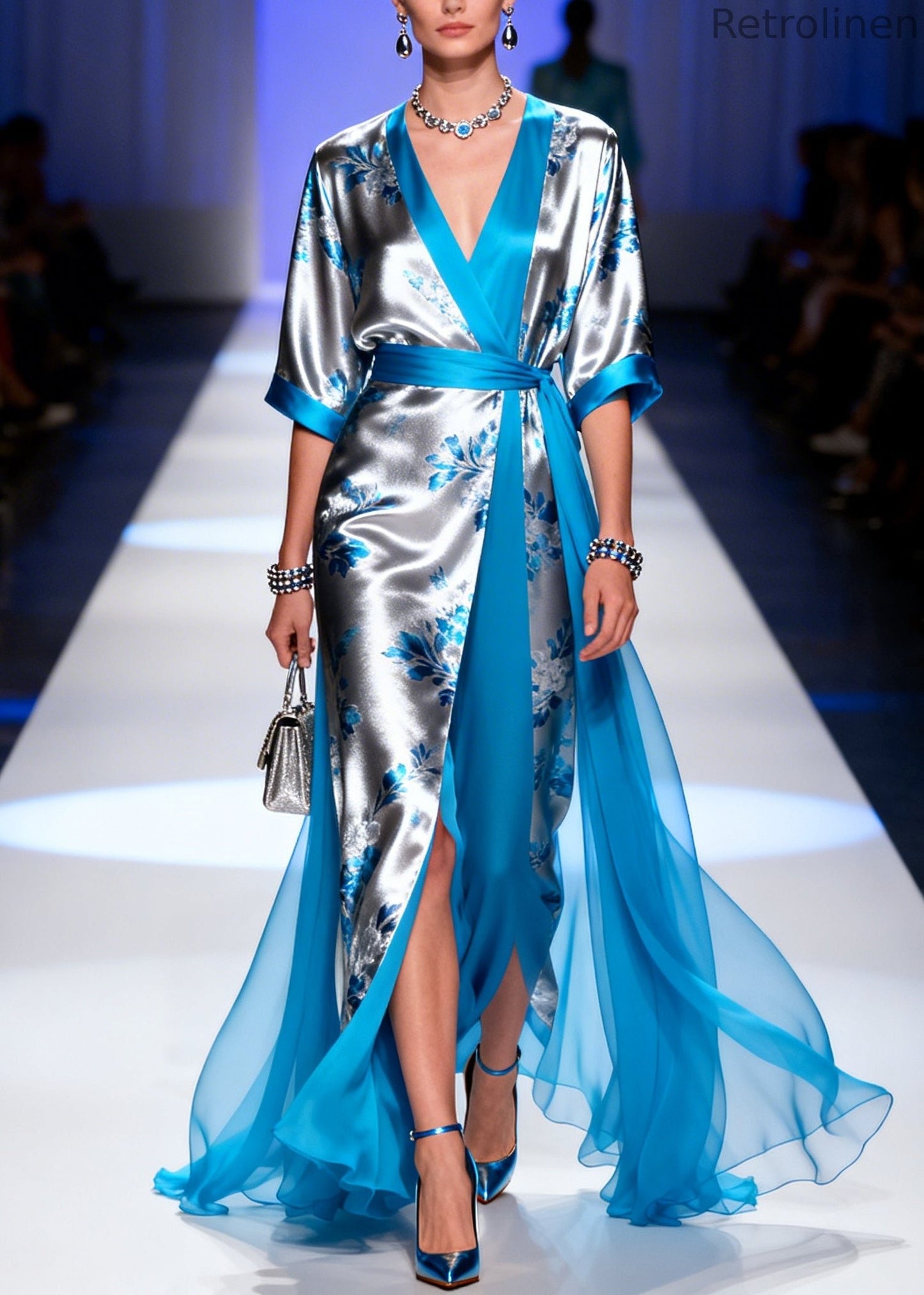 Silvery Print Tulle Patchwork Exra Large Hem Dinner Dress Summer
