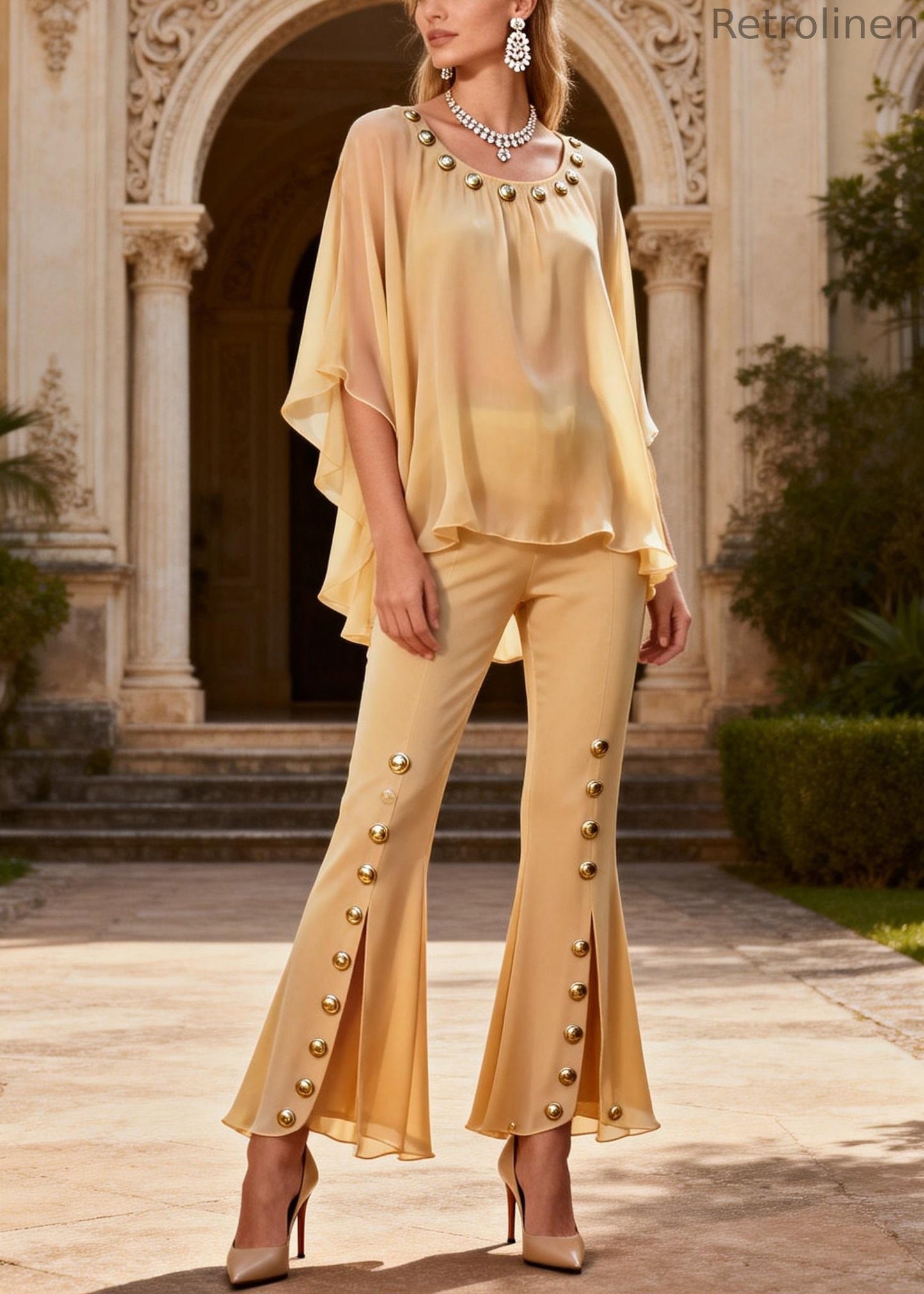 Yellow O-neck Rivet Chiffon Top and Flared Trousers Two Piece Set Flare Sleeve