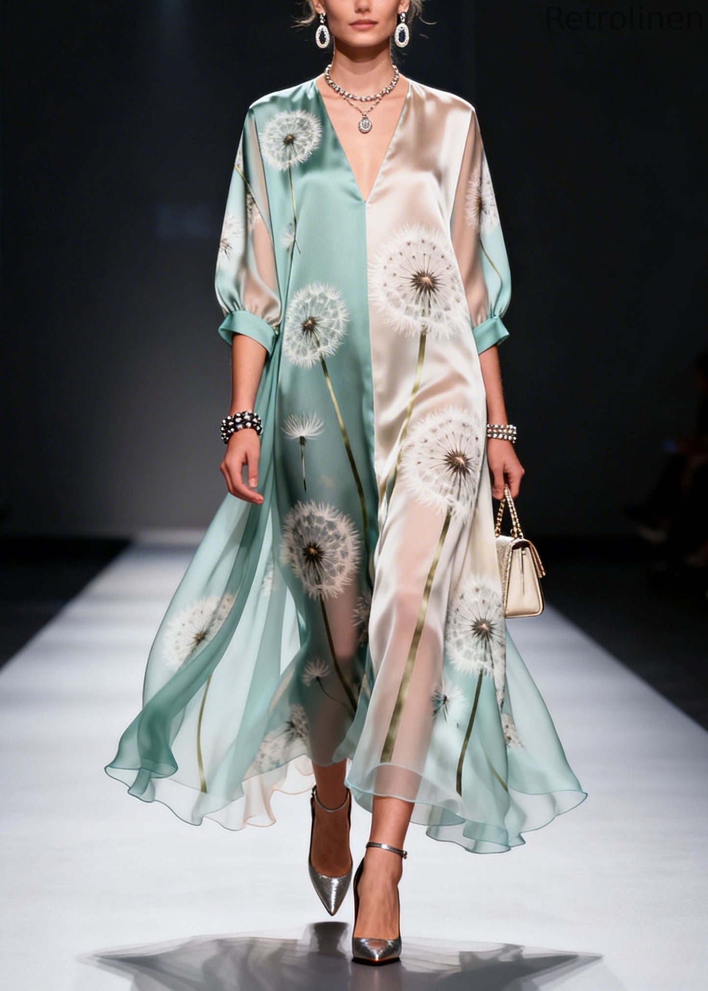 Colorblock V Neck Print Chiffon Maxi Dresses Summer