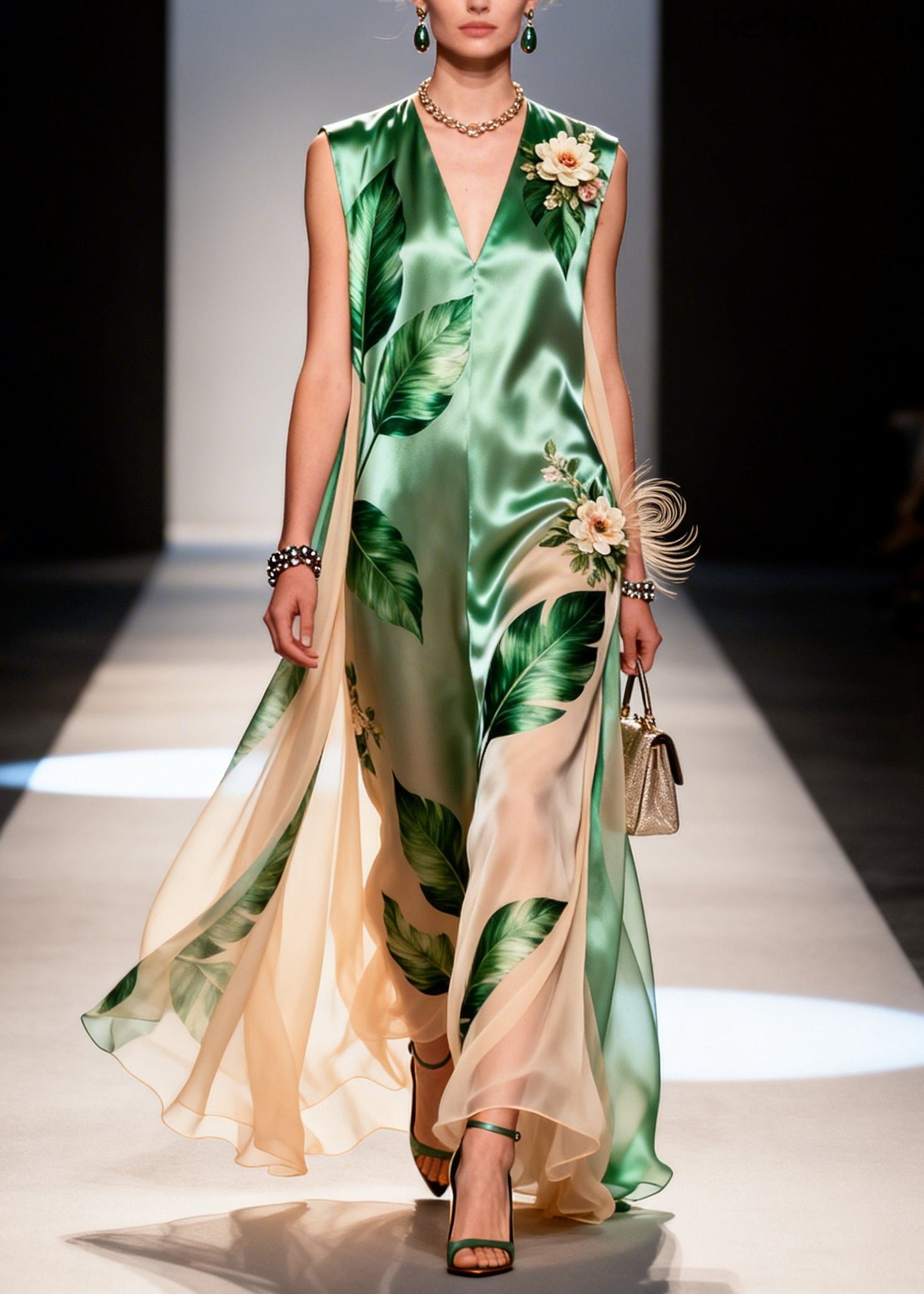 Green Leaf Print Handmade Flower Chiffon Dresses Sleeveless