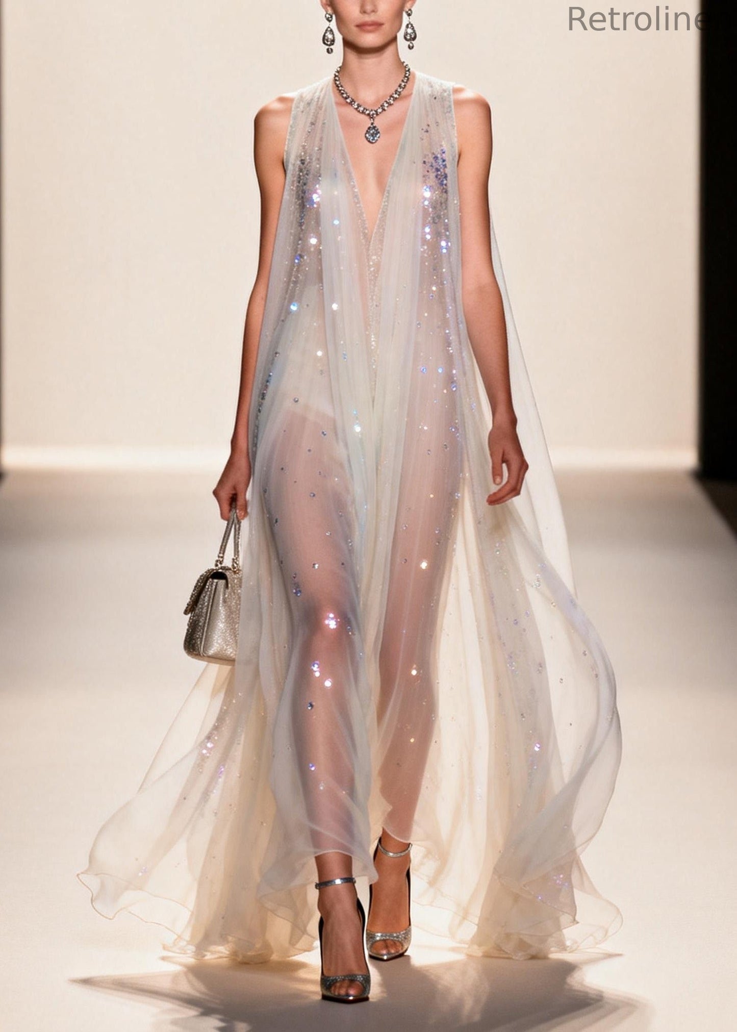 Classy V Neck Zircon Chiffon Robe Dresses Sleeveless