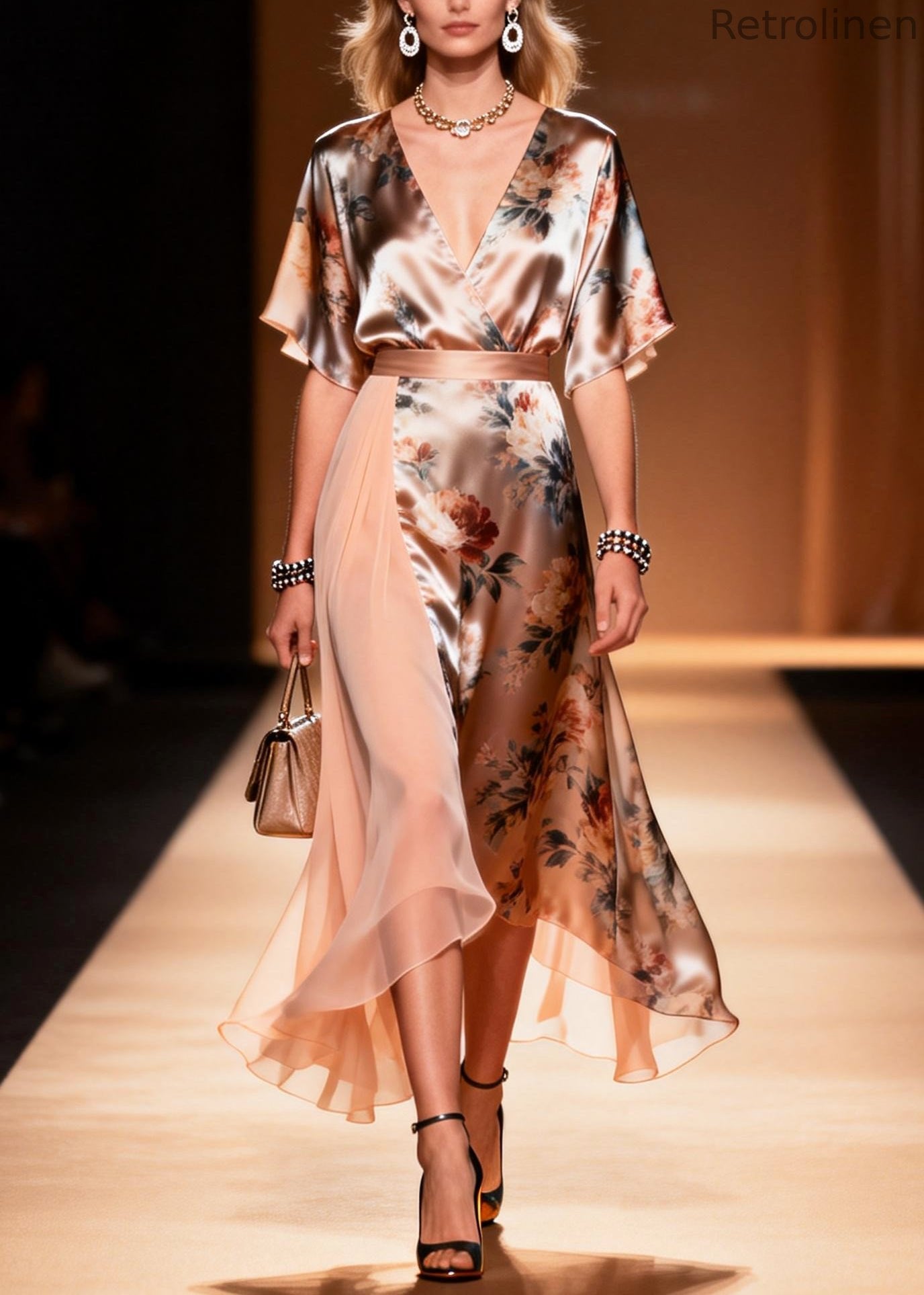 Classy Apricot Asymmetrical Patchwork Print Chiffon Long Dress Summer