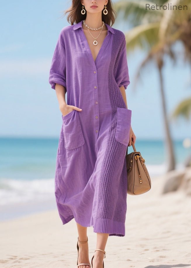 Modern Lavender Oversized Patchwork Pockets Cotton Dress Spring