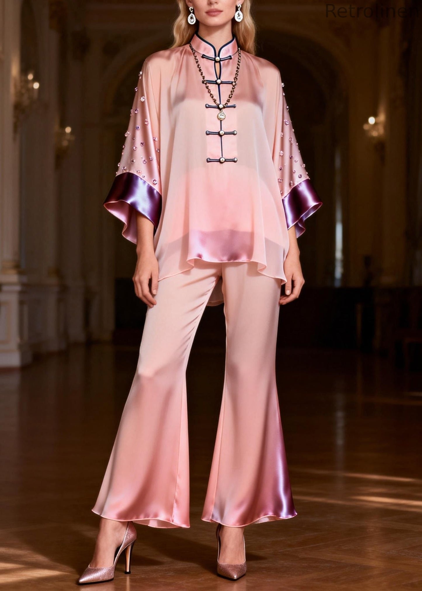 Organic Pink Stand Collar Zircon Silk Top and Flared Trousers Two-piece Set Spring