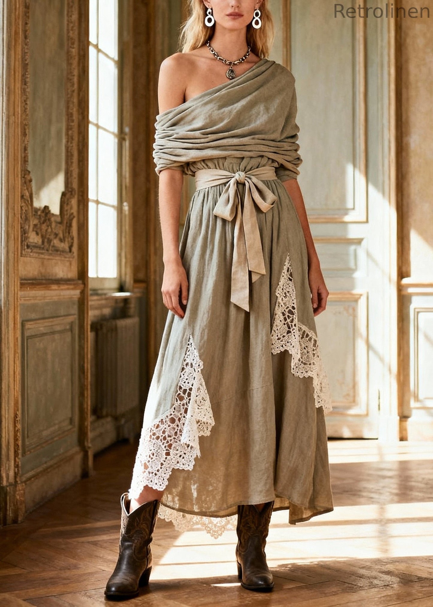 Natural Tie Waist Lace Patchwork Long Dress Spring