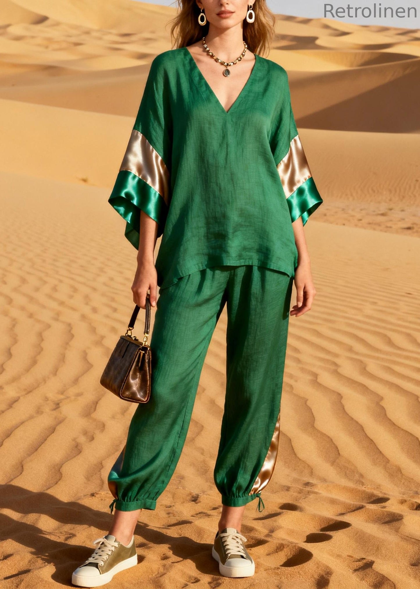 Grass Green Patchwork Linen Silk Two Pieces Set V Neck Summer