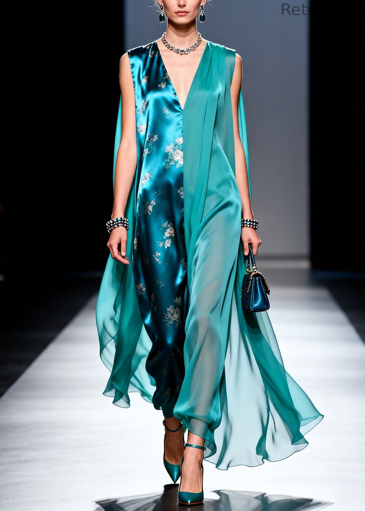 Art Colorblock V Neck Print Patchwork Chiffon Dresses Sleeveless
