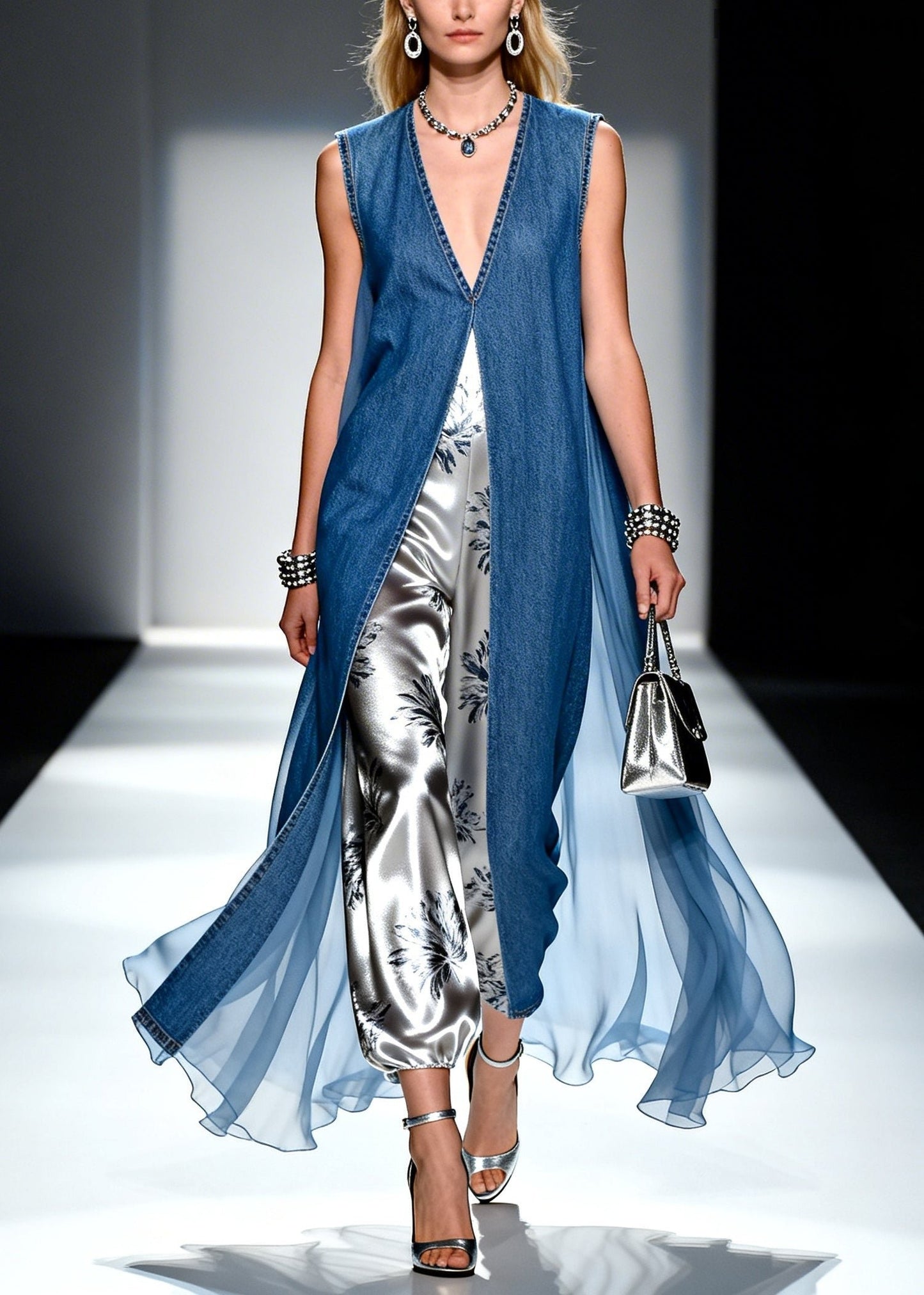 Denim Blue V Neck Patchwork Print Fake Two Piece Dresses Summer