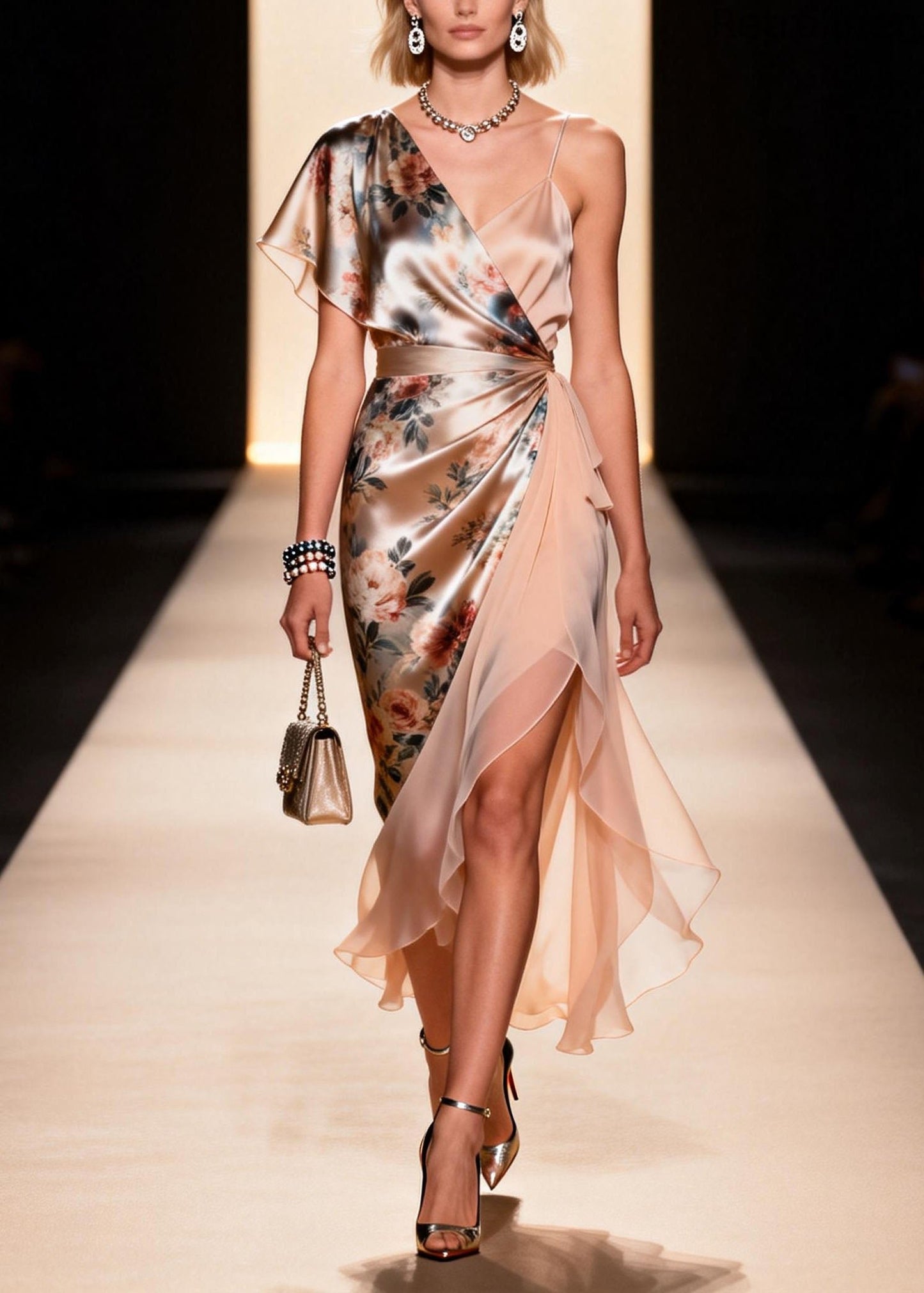 Asymmetrical Design Print Patchwork Silk Dress Summer