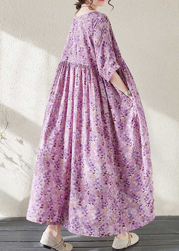 Purple Print Patchwork Ankle Dress Half Sleeve