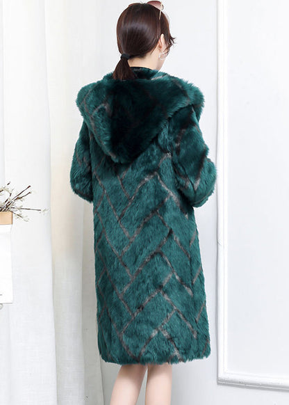 Green Hooded Plaid Faux Fur Coats Winter
