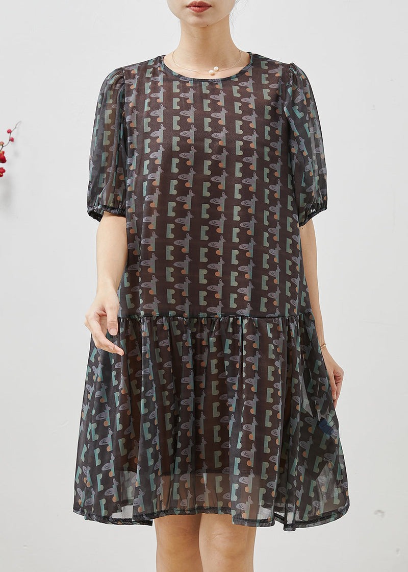 Black Puff Sleeve Print Chiffon Holiday Dress