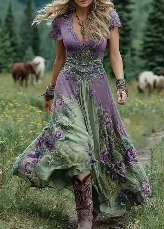 Green V Neck Print Patchwork Long Dresses Summer