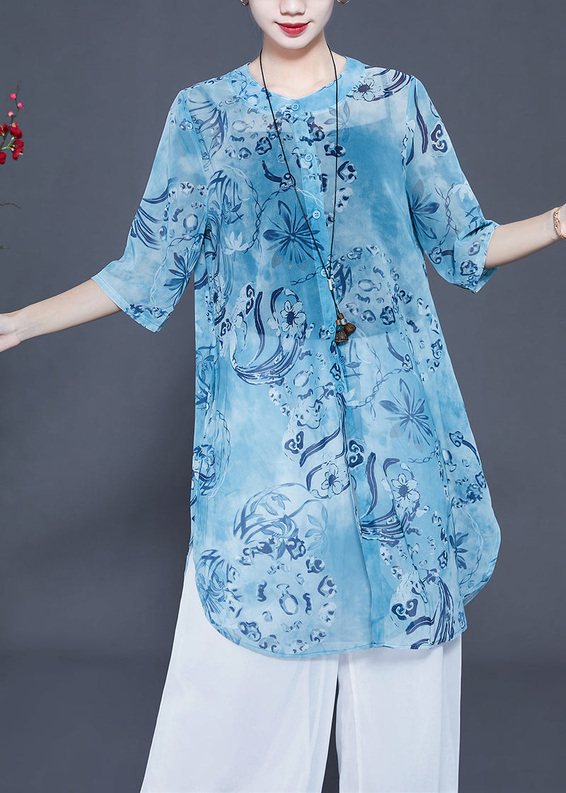 Blue Print Oversized Side Open Long Shirts and Pants Two-piece Set Summer