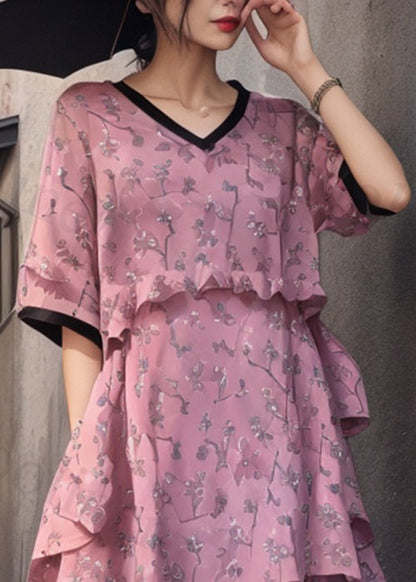 Italian Pink Ruffled Print Cotton Long Dresses Summer