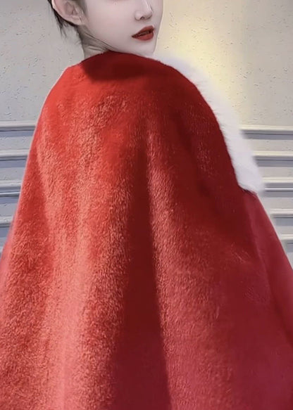 Red Fluffy Pockets Patchwork Cape Coats Spring