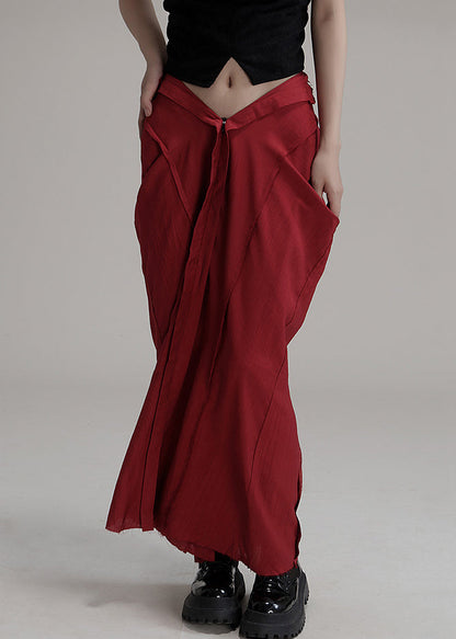 Red Asymmetrical Pockets Cotton Maxi Skirts Spring