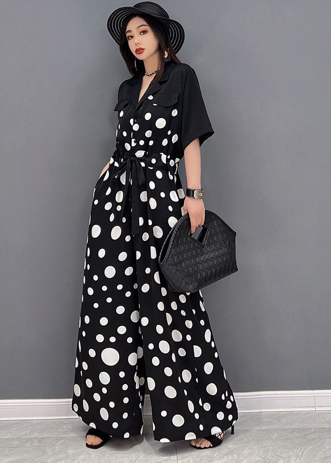 Black Peter Pan Collar Dot Print Draping Chiffon Jumpsuits Short Sleeve