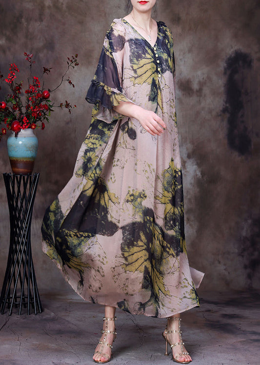 Natural Yellow V Neck Print Chiffon Long Dress and Cotton Spaghetti Strap Dress Sets 2 Pieces Half Sleeve