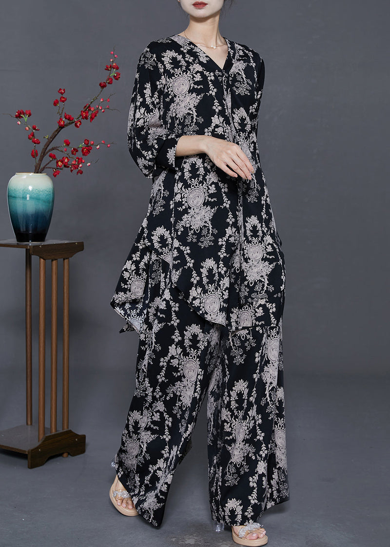 Black Print Silk Two Piece Set Clothing Oversized Spring