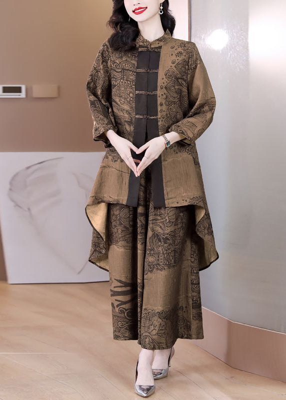 Coffee Print Low High Design Chinese Button Silk Two Pieces Set Spring