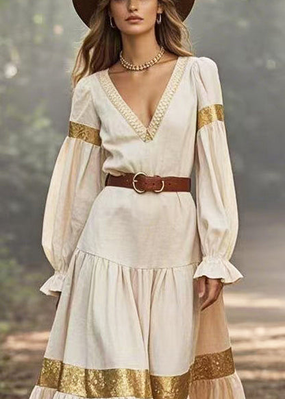 White V Neck Patchwork Exra Large Hem Vacation Dress Spring